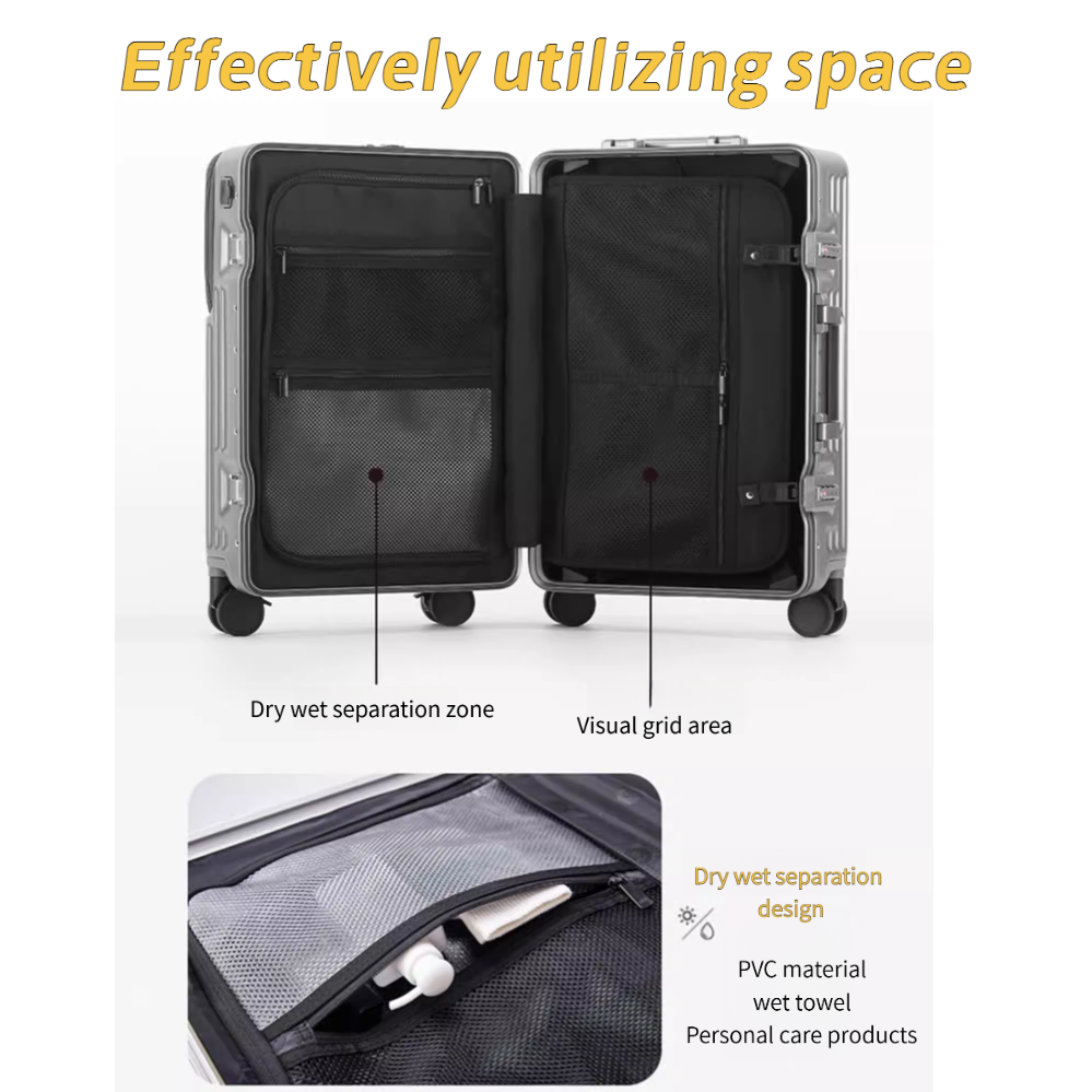 Frame Luggage, Front Open Lid Luggage, 20 Inch 24 Inch Large Capacity, TSA Lock, Universal Wheel Aluminum Frame Luggage, Sturdy And Durable Bag Set