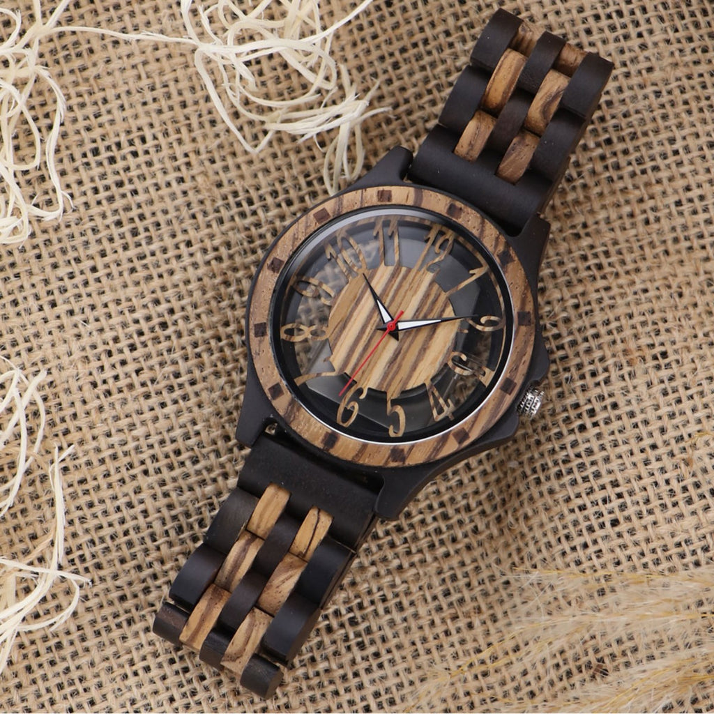 Engraved Walnut Wood Leather-Strap Quartz Watch