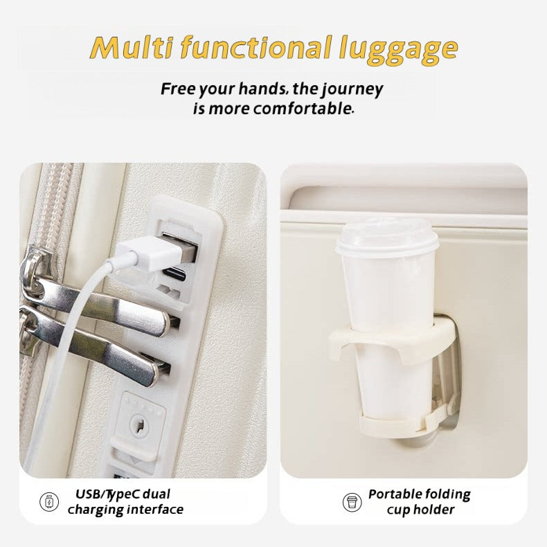 Wide Pull Rod Design Luggage Compartment, Front Open Lid, Stylish Large Capacity Luggage With Foldable Cup Holder And USB Interface